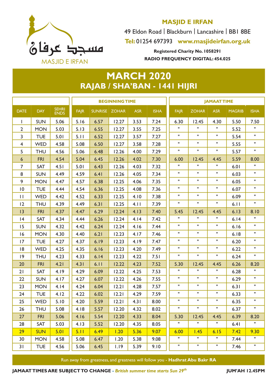 jaame masjid blackburn namaz timetable